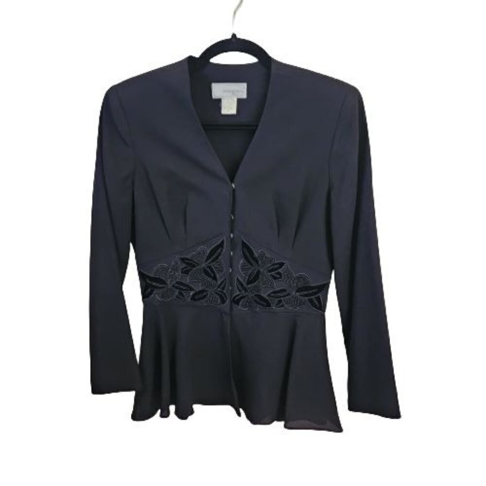 Warren Petites Black Vintage Peplum Velvet Beaded Embellished Snap Blazer Size 4